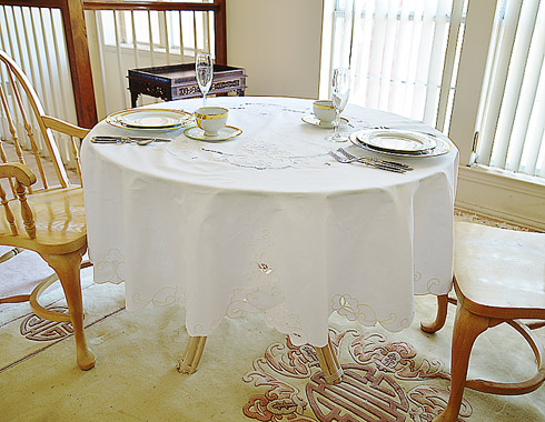 Imperial fine embroidery round tablecloth. 68" Round. White.